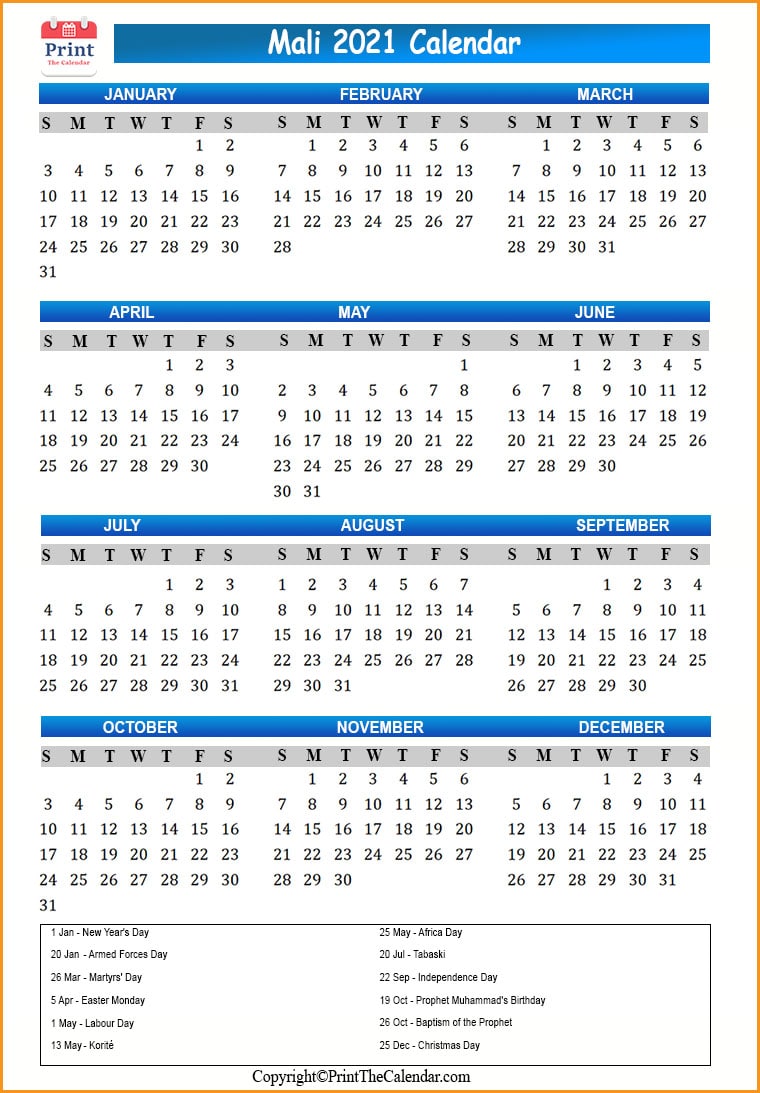 Mali Calendar 2021